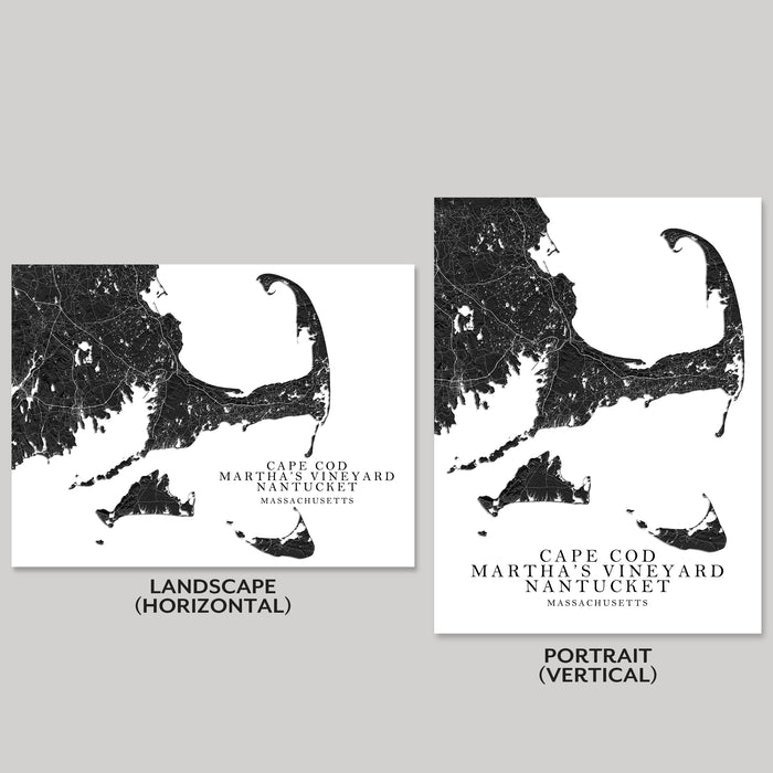 Two maps of Cape Cod, Martha's Vineyard, and Nantucket on a gray background.