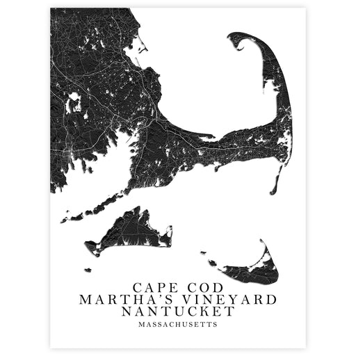 Map of Cape Cod, Martha's Vineyard, and Nantucket with text on a white background