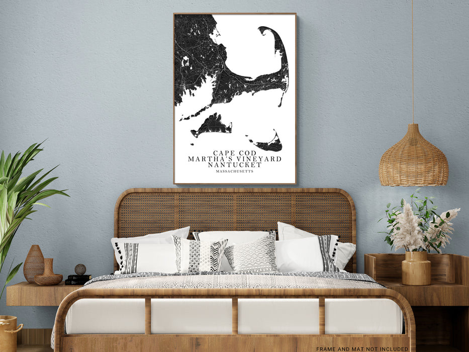 Cape Cod, Nantucket and Marthas Vineyard islands map print with a black and white topographic landscape design by Maps As Art.