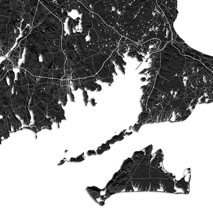 Black and white topographic map of a coastal region