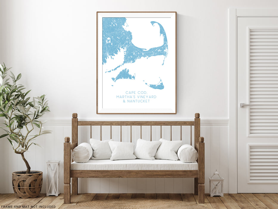 Cape Cod, Martha's Vineyard and Nantucket map print in Turquoise by Maps As Art.