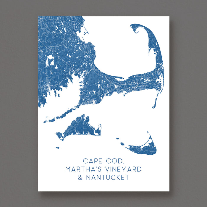 Map poster of Cape Cod, Martha's Vineyard, and Nantucket on a white background with blue lines.