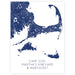 Map of Cape Cod, Martha's Vineyard, and Nantucket in blue on a white background
