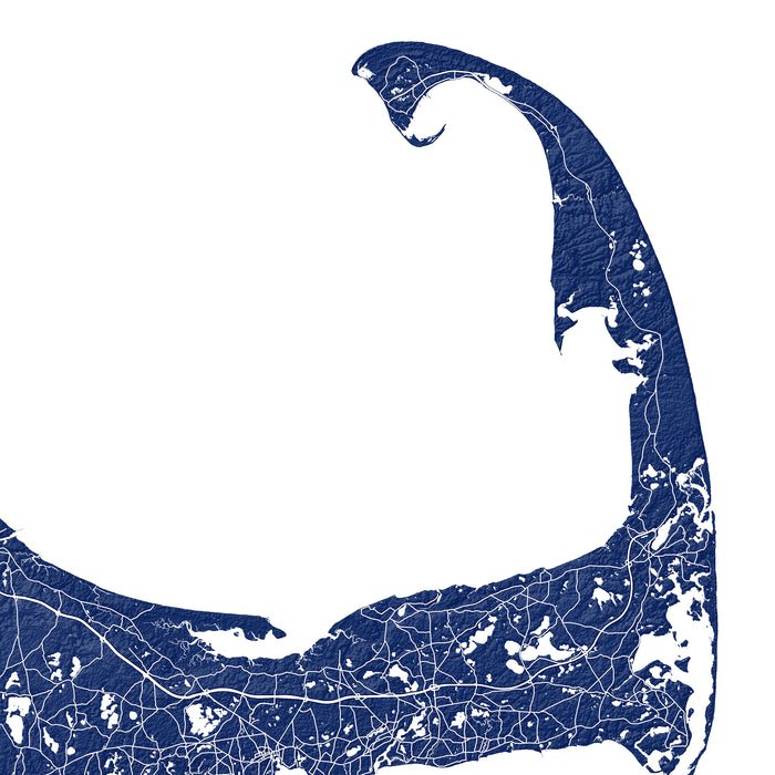 Navy blue map of Cape Cod with white roads on a white background