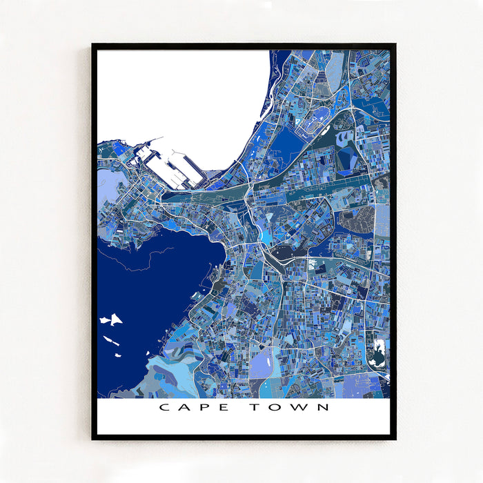 Framed map of Cape Town with a blue color scheme on a white wall.