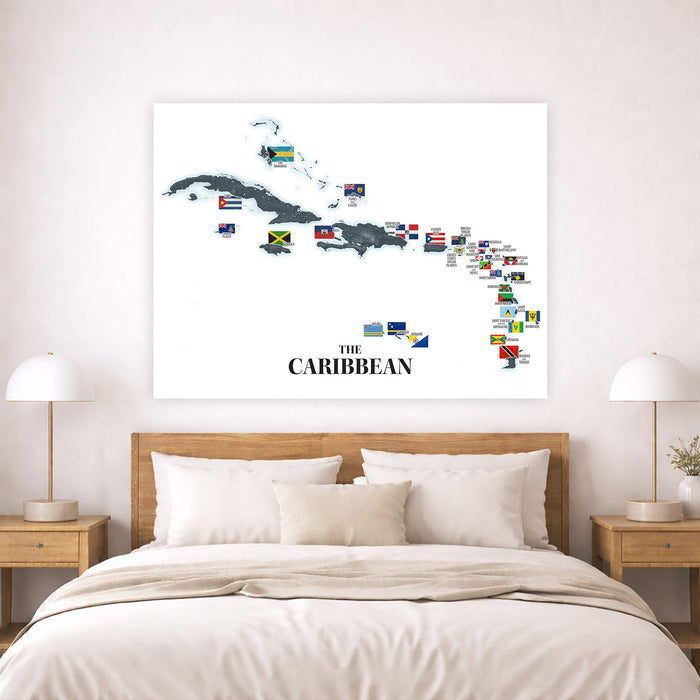 Map of the Caribbean with flags above a bed in a bedroom