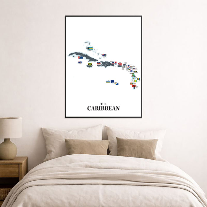 Framed map of the Caribbean with country flags above a bed in a bedroom.