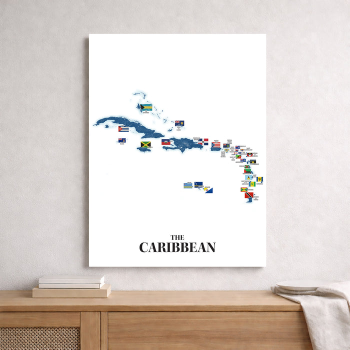 Map of the Caribbean with country flags on a white wall above a wooden shelf.