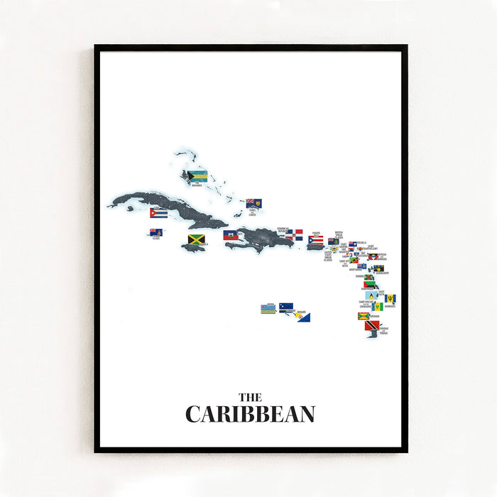 Framed map of the Caribbean with country flags on a white wall