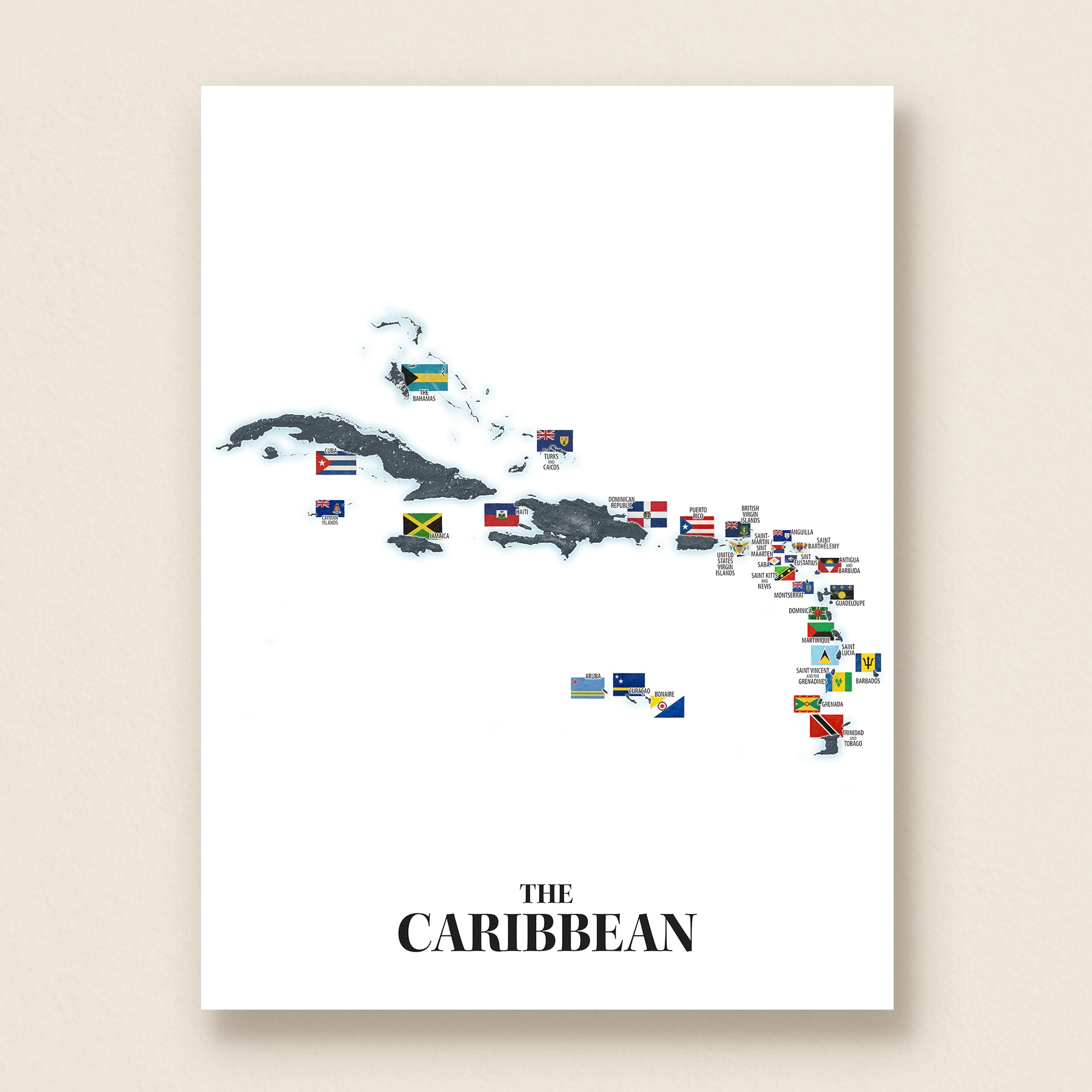 Caribbean Islands Illustrated Map Print: Country Flag Wall Art Topogra ...