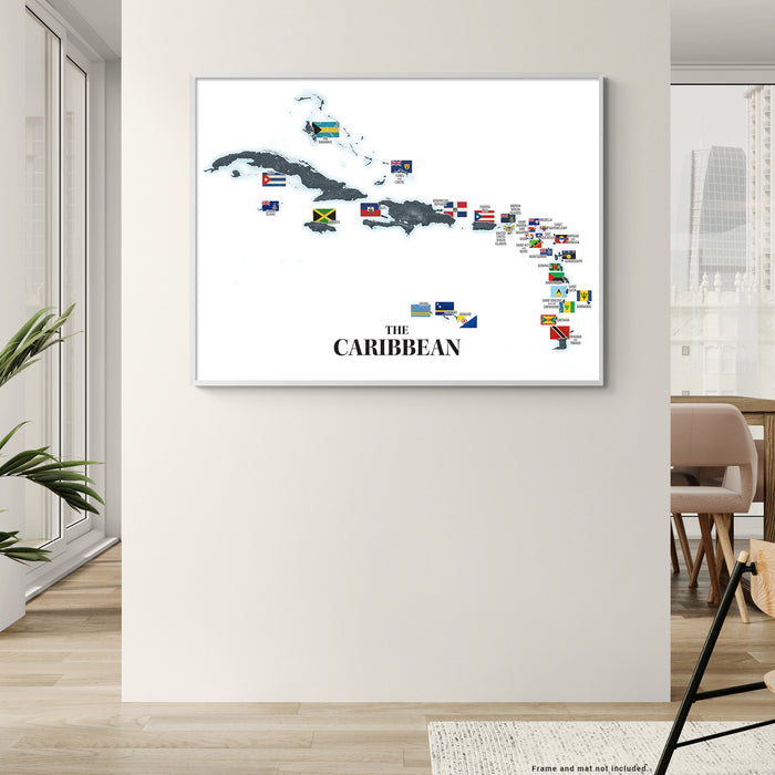 Framed map of the Caribbean with country flags on a wall in a room.