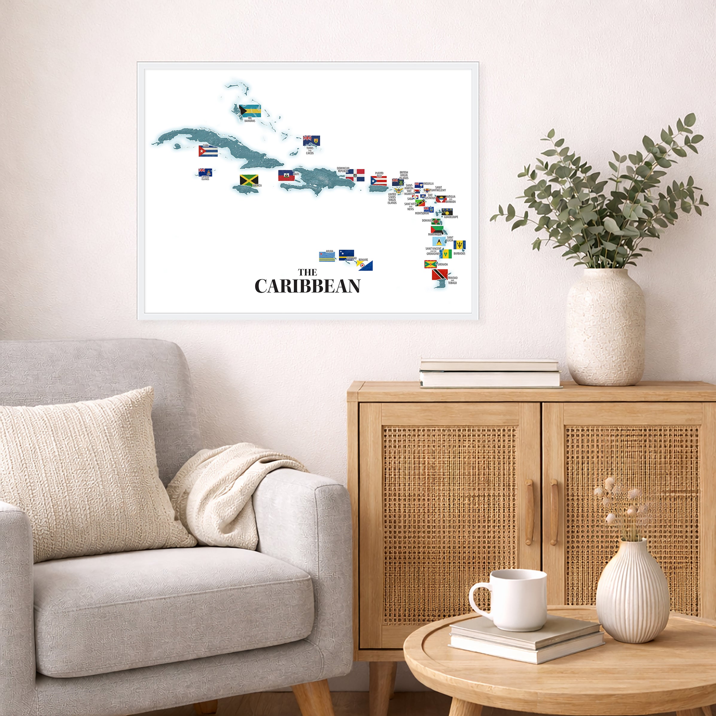 Caribbean Islands Illustrated Map Print: Country Flag Wall Art Topogra ...
