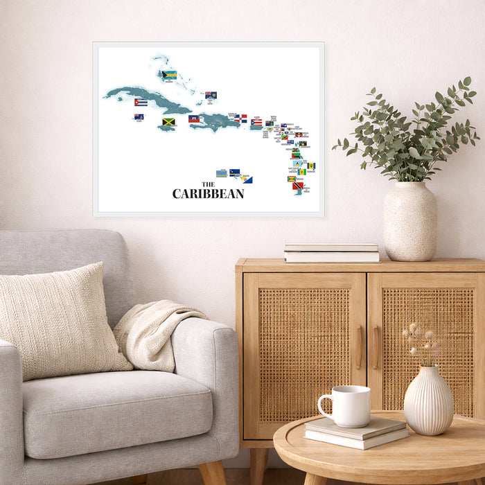 Framed map of the Caribbean with flags in a living room setting.