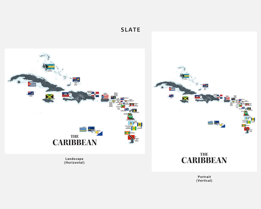 Two maps of the Caribbean with country flags, labeled 'Landscape' and 'Portrait', on a white background.
