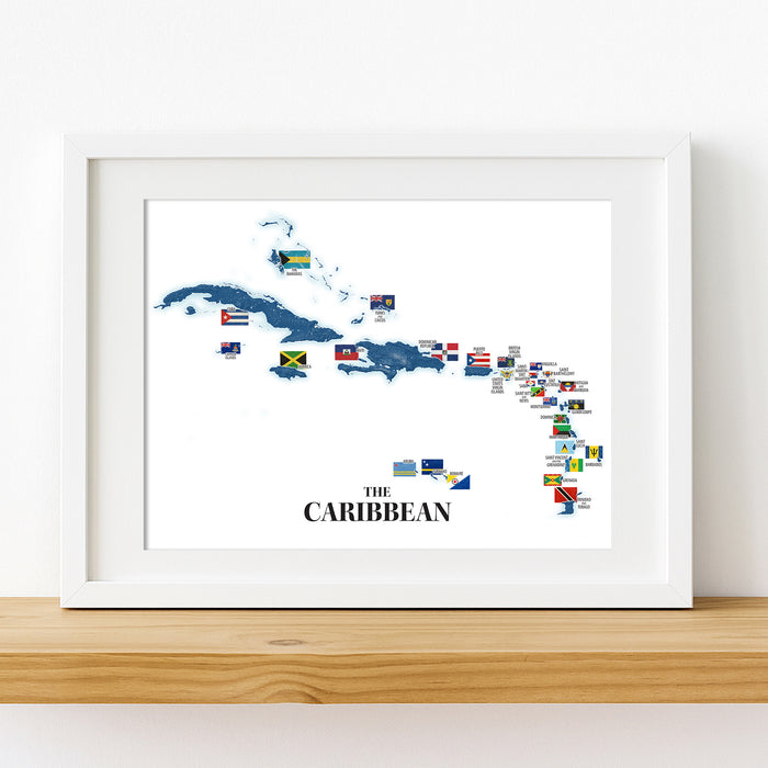 Framed map of the Caribbean with country flags on a white background