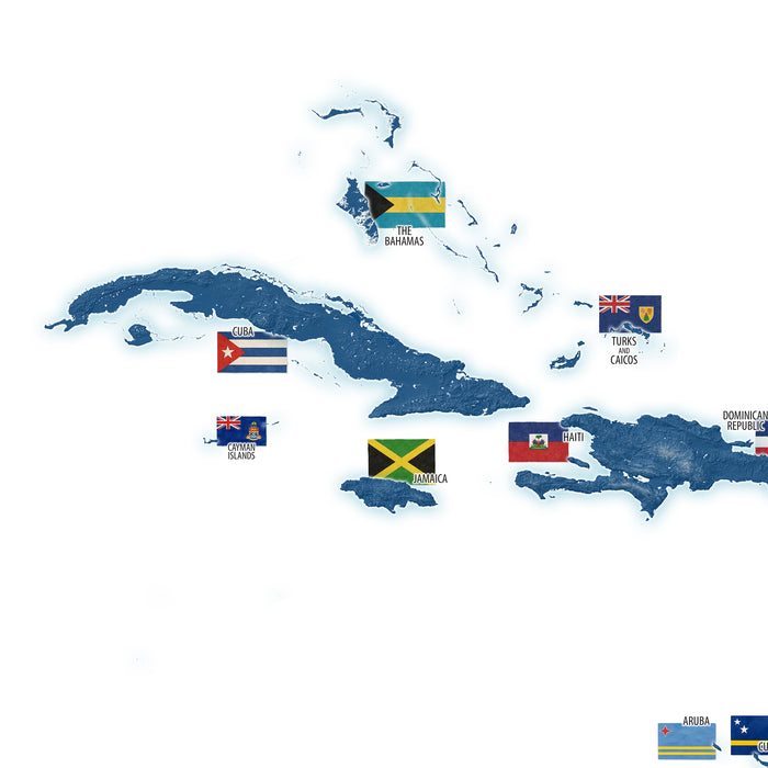 Map of the Caribbean with country flags overlayed on a white background