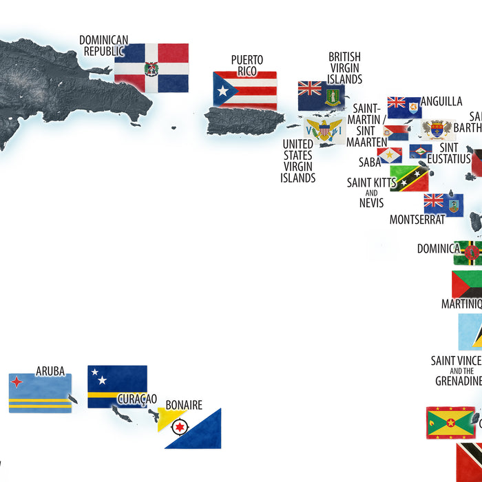 Map of Caribbean islands with their respective flags displayed.