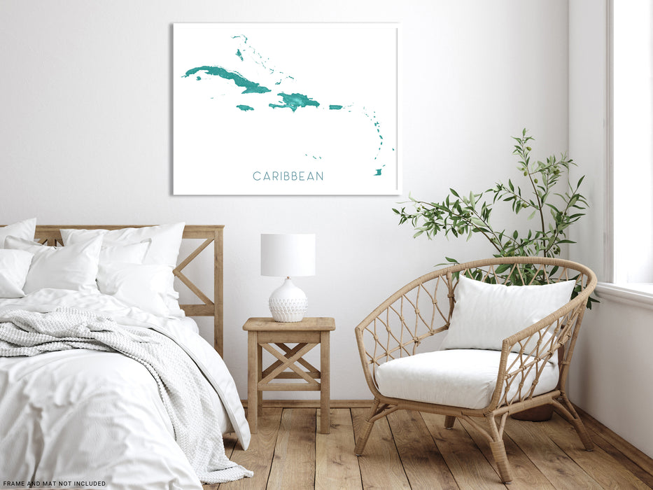 Caribbean sea and islands wall art print with a turquoise landscape design by Maps As Art.