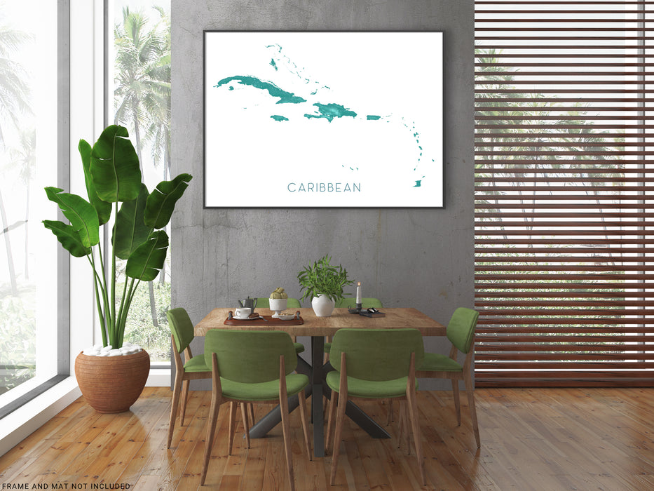 Caribbean sea and islands wall art print with a turquoise landscape design by Maps As Art.