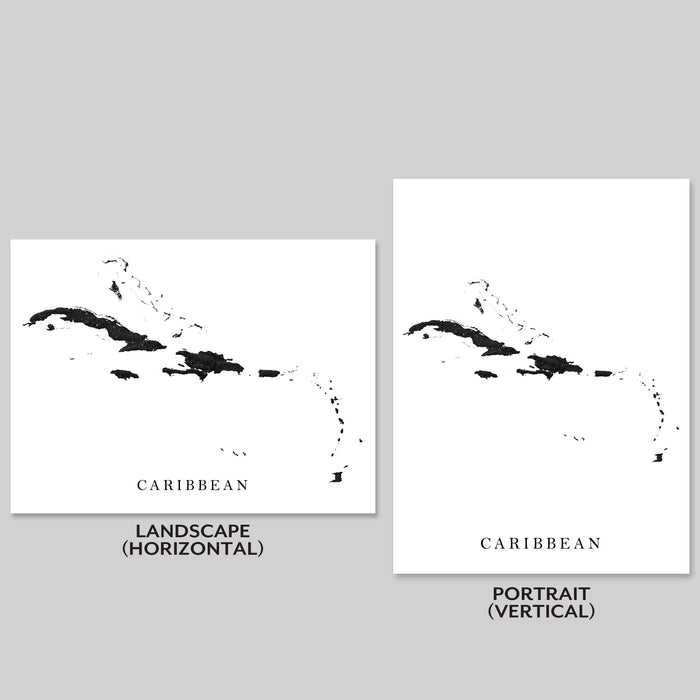 Two black and white maps of the Caribbean, one landscape and one portrait, on a gray background.