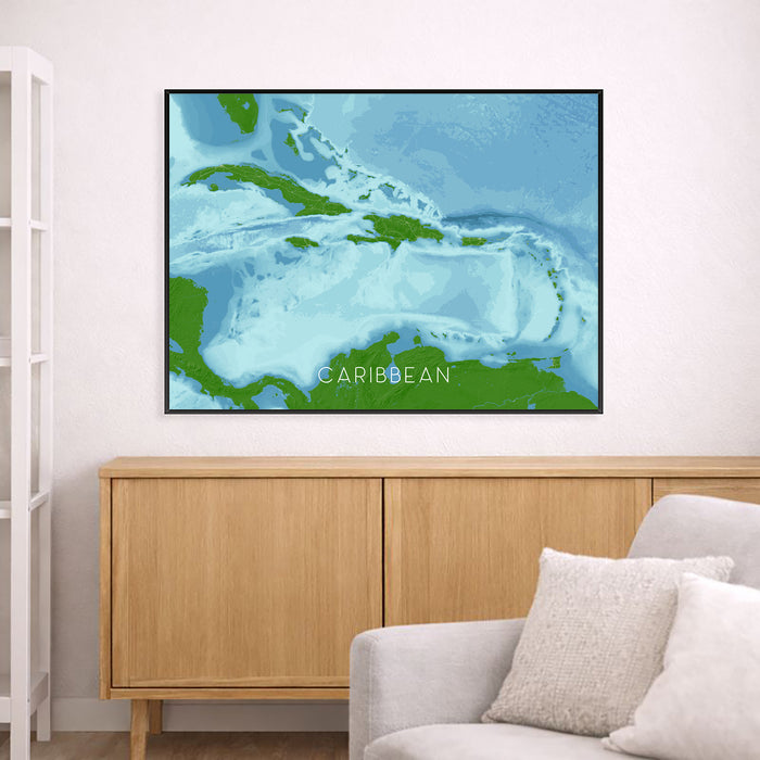 Framed map of the Caribbean on a wall above a wooden cabinet and sofa.