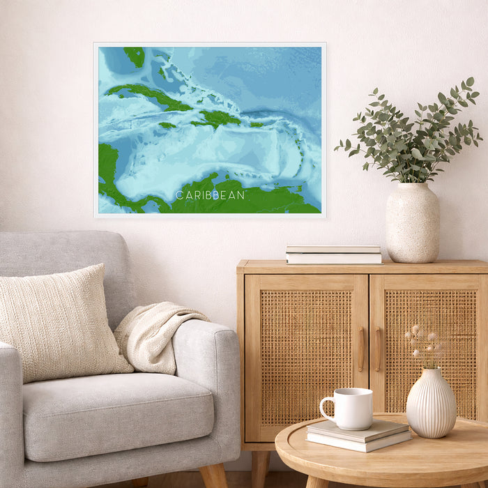 Living room with a gray sofa, wooden cabinet, and decorative items including a map of the Caribbean.