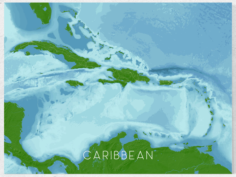 Caribbean islands map print with a blue ocean design by Maps As Art.