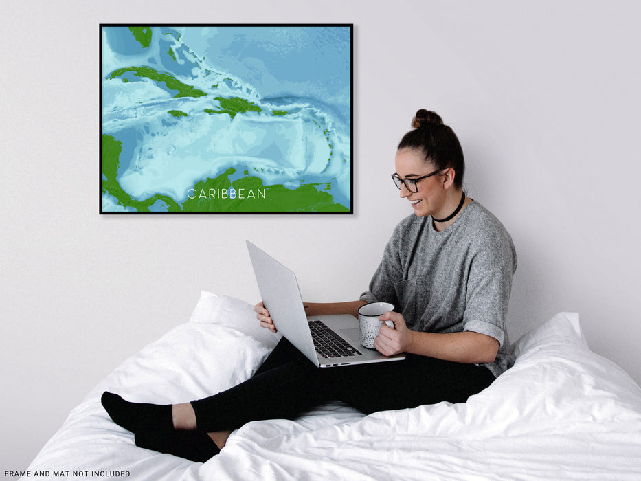 Caribbean islands map print with a blue ocean design by Maps As Art.