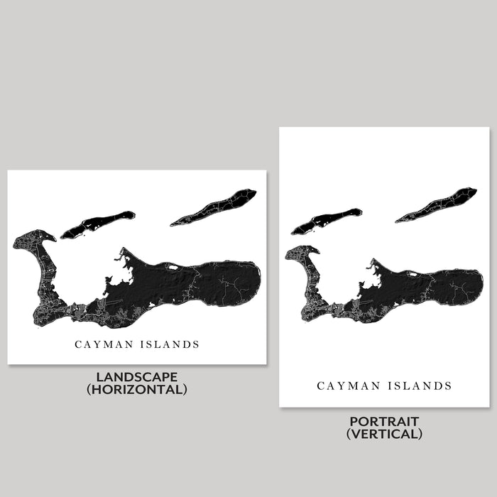 Two map prints of the Cayman Islands in landscape and portrait orientations on a gray background.