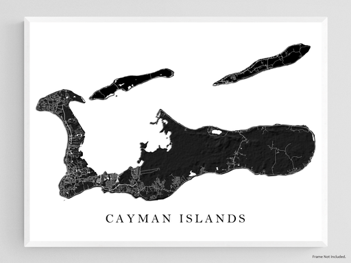 Cayman Islands map wall art print with a black and white topographic landscape design by Maps As Art.