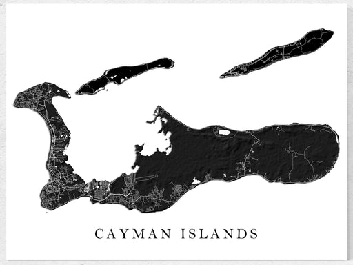 Cayman Islands map wall art print with a black and white topographic landscape design by Maps As Art.