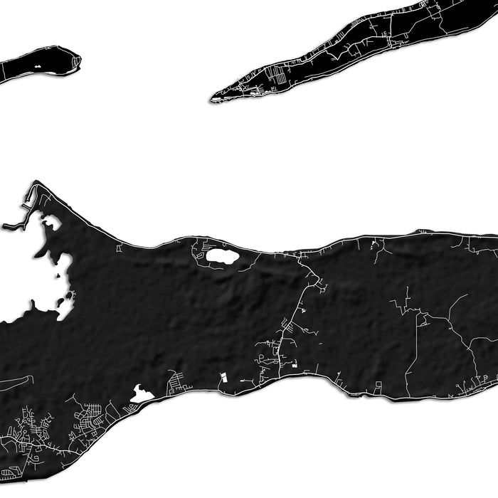 Black and white map of a coastal area with roads and water bodies.