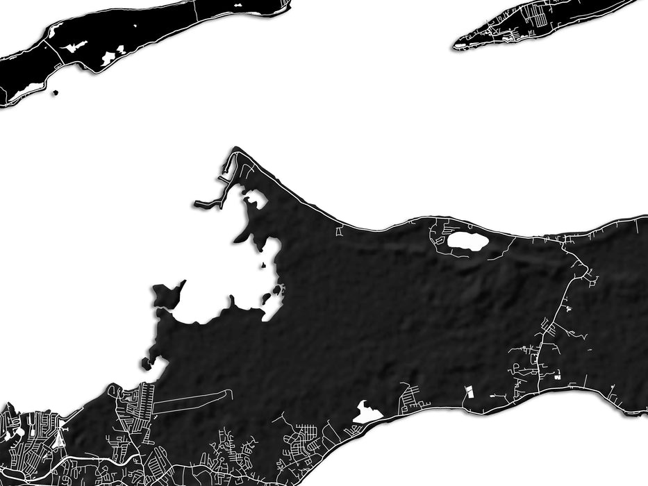 Cayman Islands map wall art print with a black and white topographic landscape design by Maps As Art.