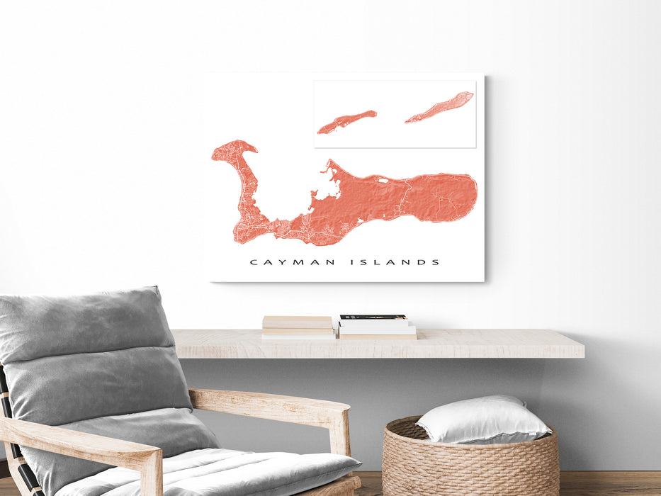 Cayman Islands map print with natural landscape and main roads designed by Maps As Art.