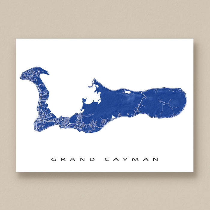 Map of Grand Cayman on a white background with blue coloring