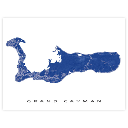 Map of Grand Cayman in blue on a white background