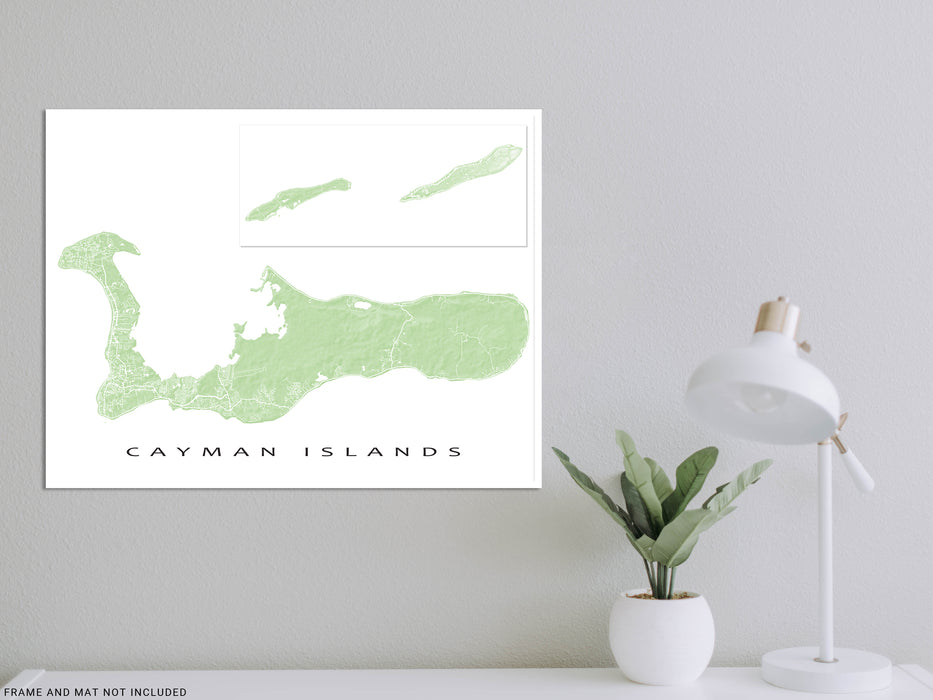 Cayman Islands map print with natural landscape and main roads designed by Maps As Art.