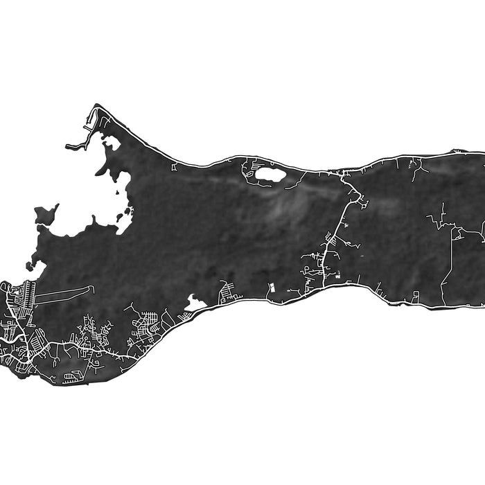 Map of a coastal area with various symbols and labels on a white background