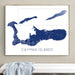 Framed map of the Cayman Islands on a wall above a white bench.