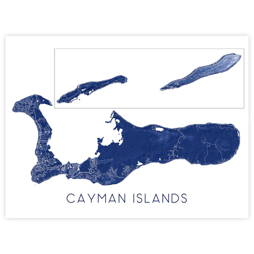 Map of the Cayman Islands in blue on a white background