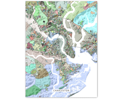 Charleston, South Carolina map art print in colorful shapes designed by Maps As Art.