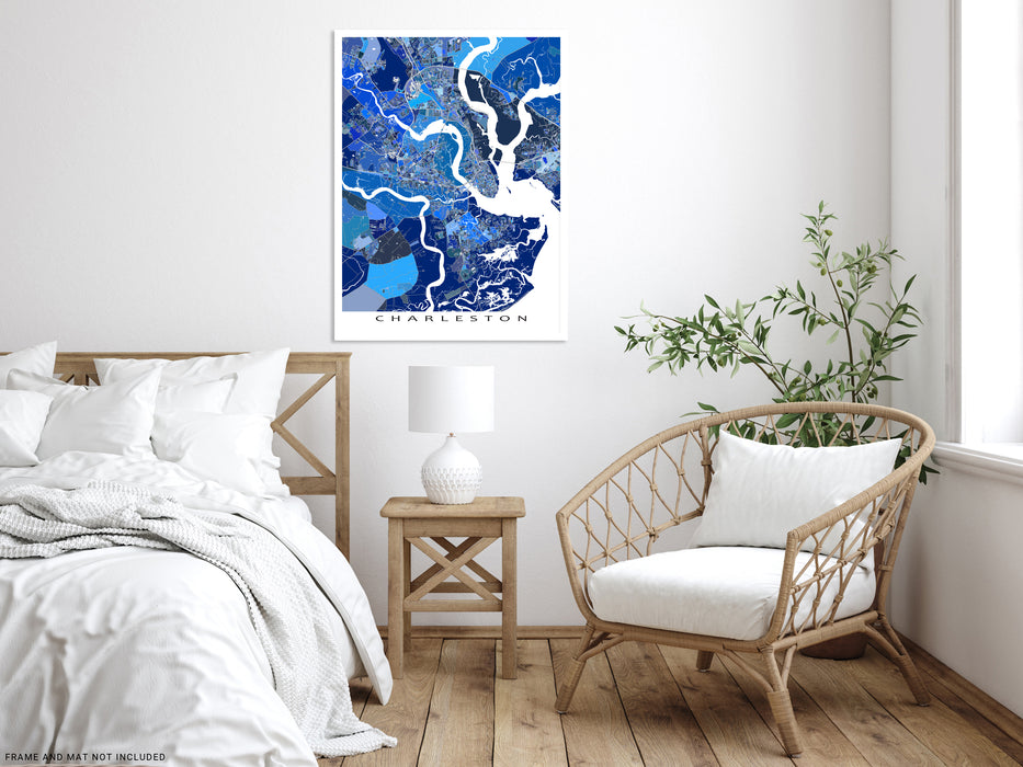 Charleston, South Carolina map art print in blue shapes designed by Maps As Art.