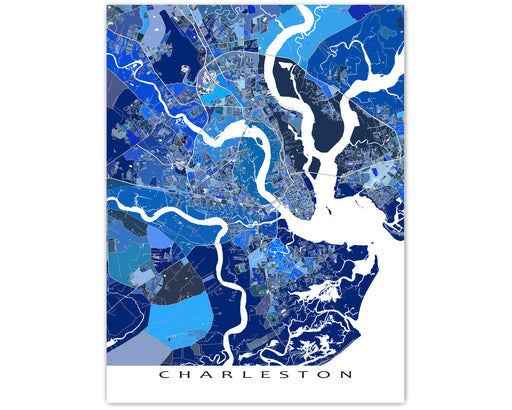 Charleston, South Carolina map art print in blue shapes designed by Maps As Art.