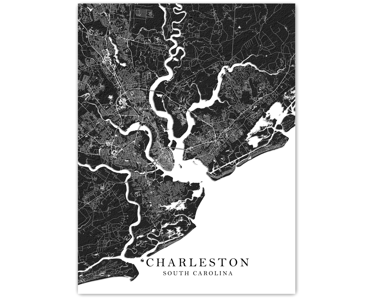 Charleston SC Map Print Poster, Black and White South Carolina USA City  Street Wall Art Maps, image size:1200x960