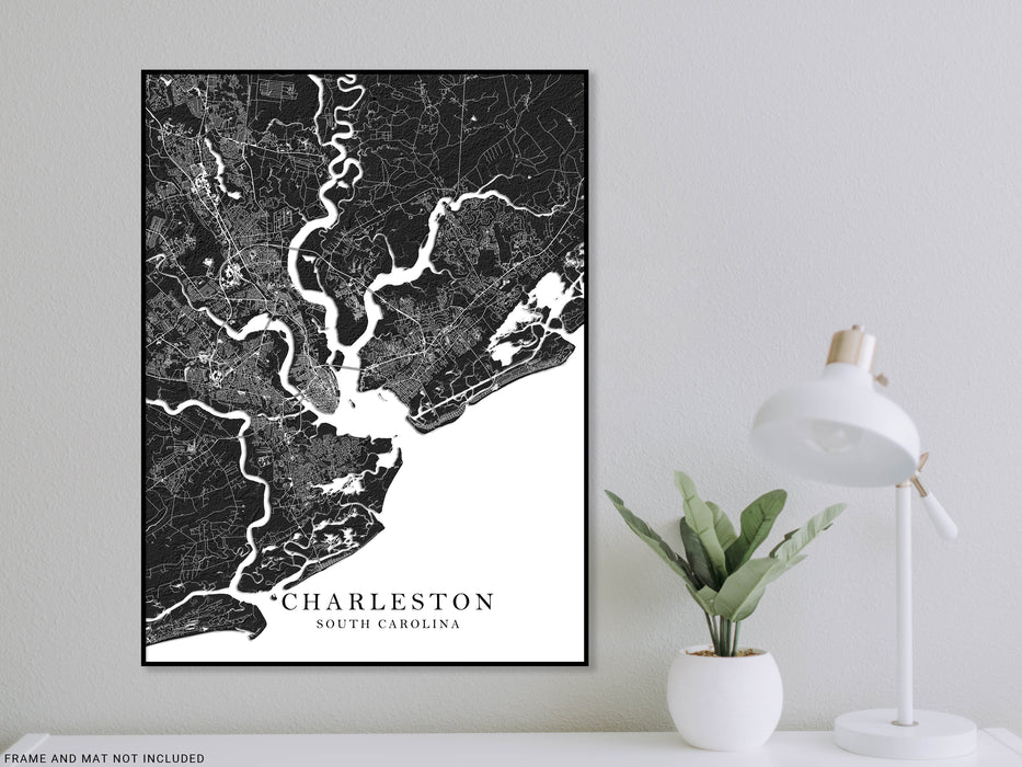 Charleston South Carolina map print with a black and white topographic design and city streets by Maps As Art.