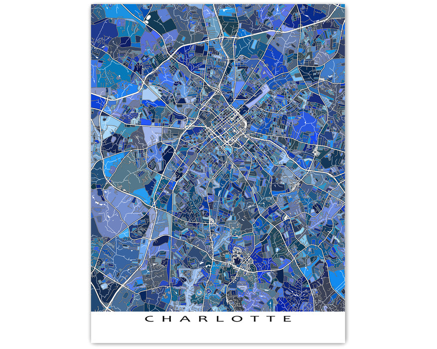 Charlotte, North Carolina map art print in blue shapes video designed by Maps As Art.