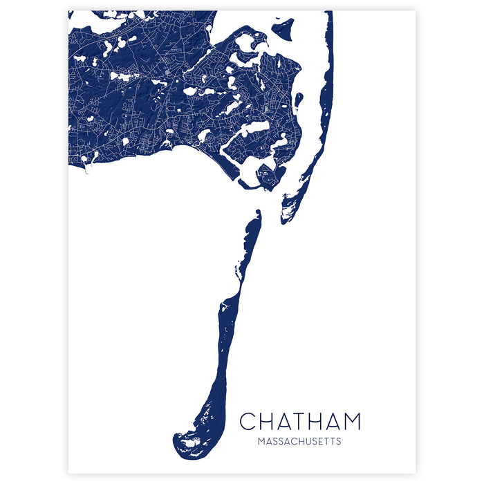Map of Chatham, Massachusetts in blue on a white background