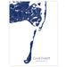 Map of Chatham, Massachusetts in blue on a white background