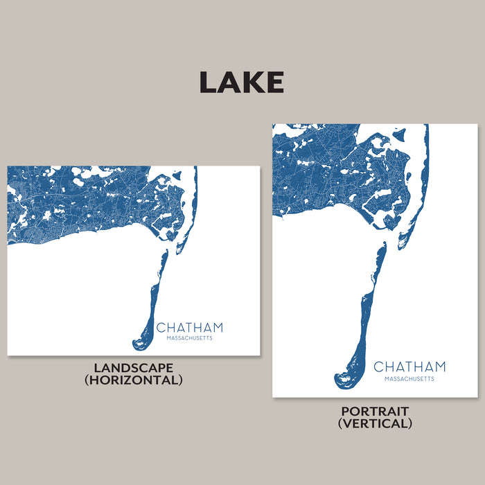 Two map designs of Chatham, Massachusetts, one in landscape horizontal and the other in portrait vertical orientation, on a gray background.