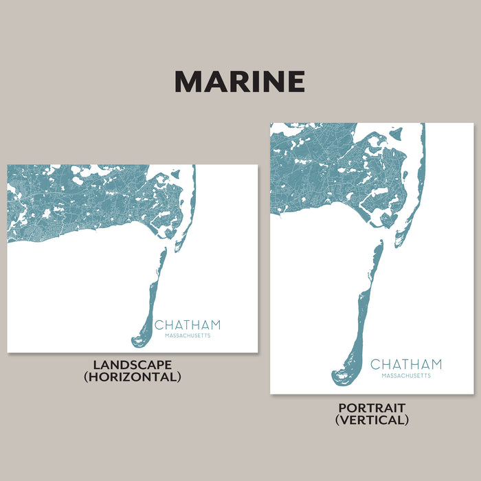 Two map prints of Chatham, Massachusetts, one in landscape horizontal and the other in portrait vertical orientation, on a beige background.